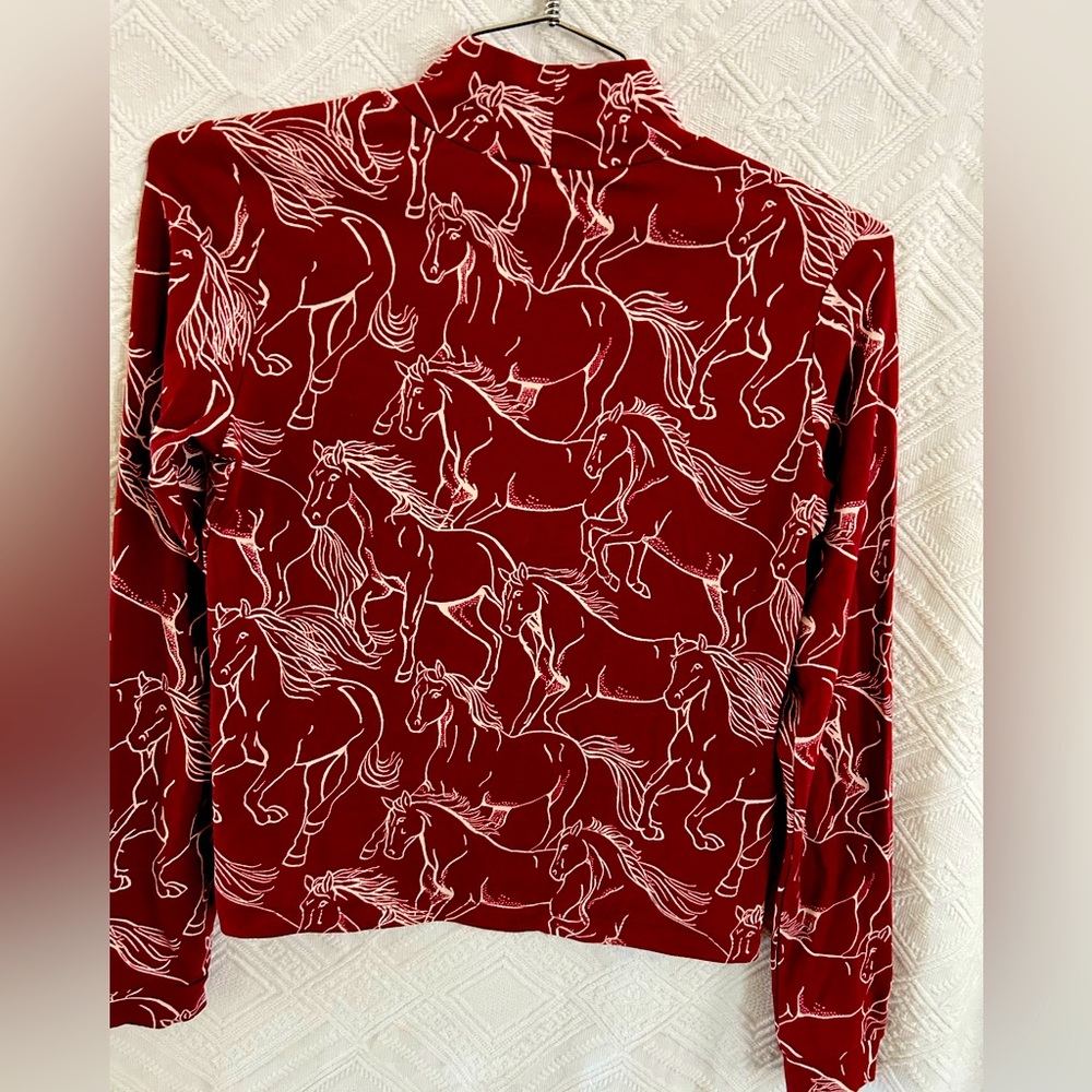 Anthropologie horse print mock neck top Burgundy Sz Small